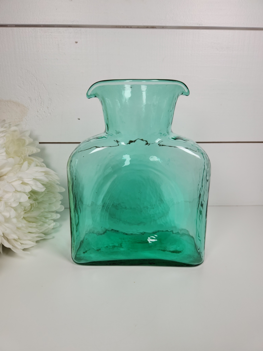 Signed Blenko Glass Double Spout Water Pitcher, Sea Foam Green | Contemporary